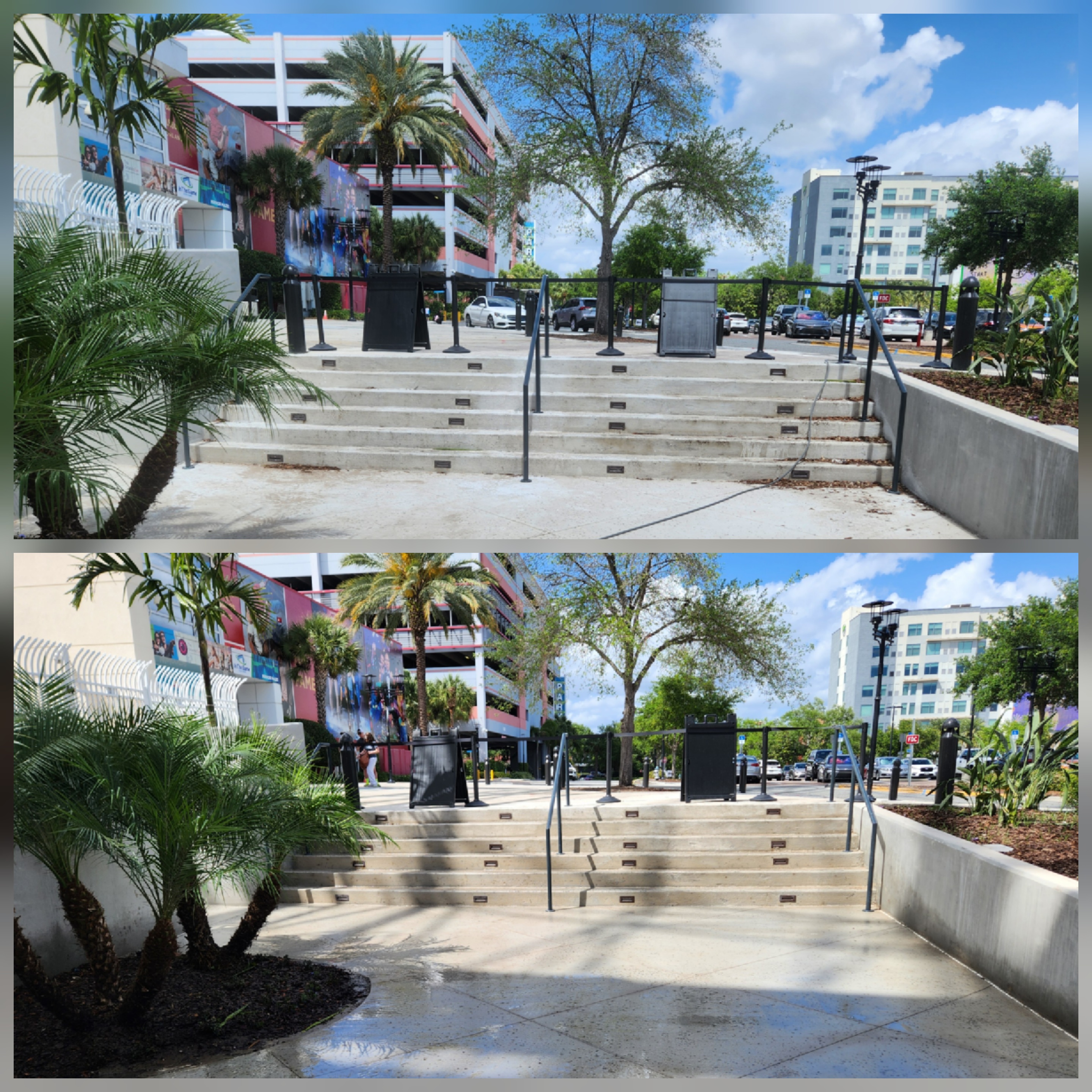 Clean commercial concrete pavement and exterior surfaces after post-construction pressure washing