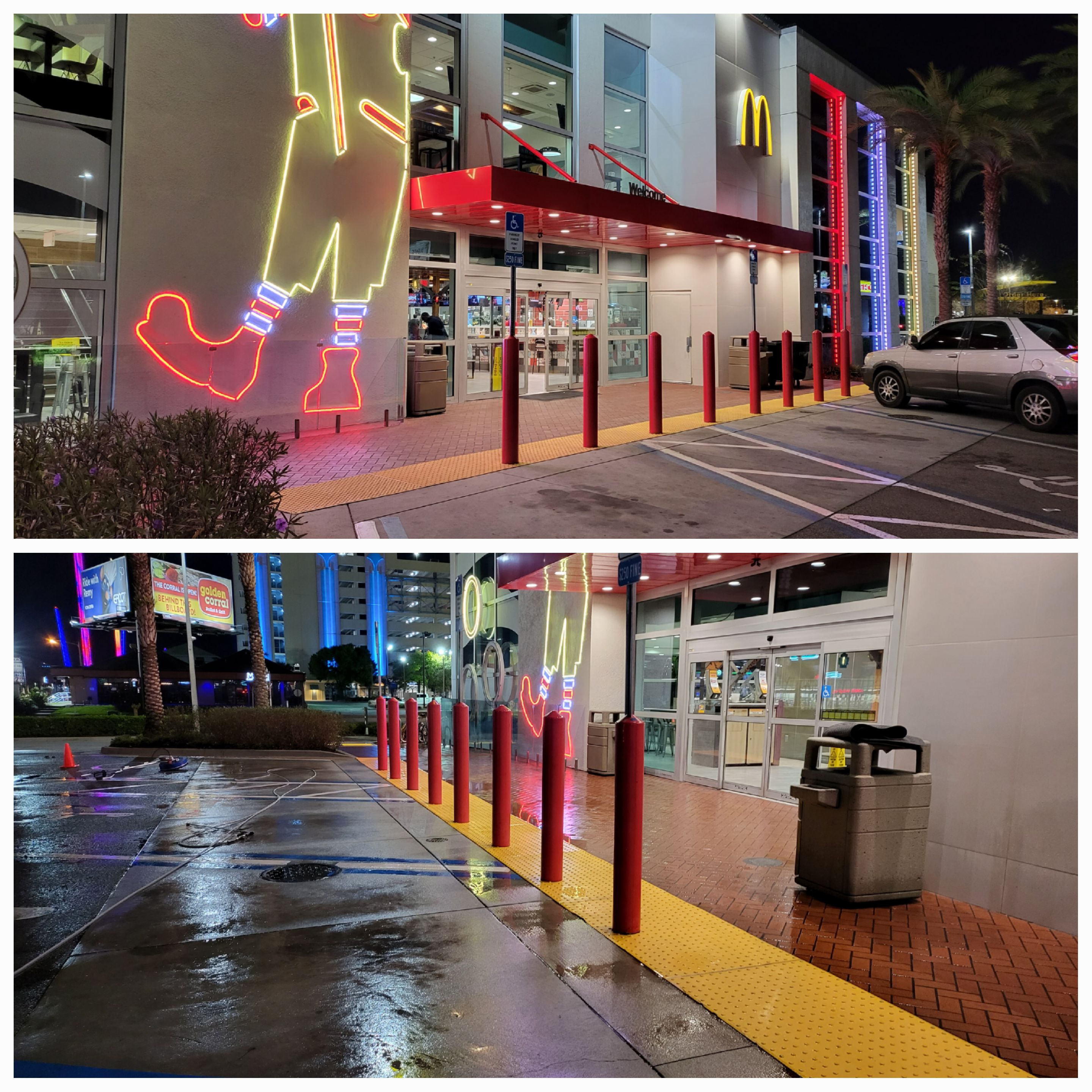Restored fast food restaurant exterior after post-construction pressure washing
