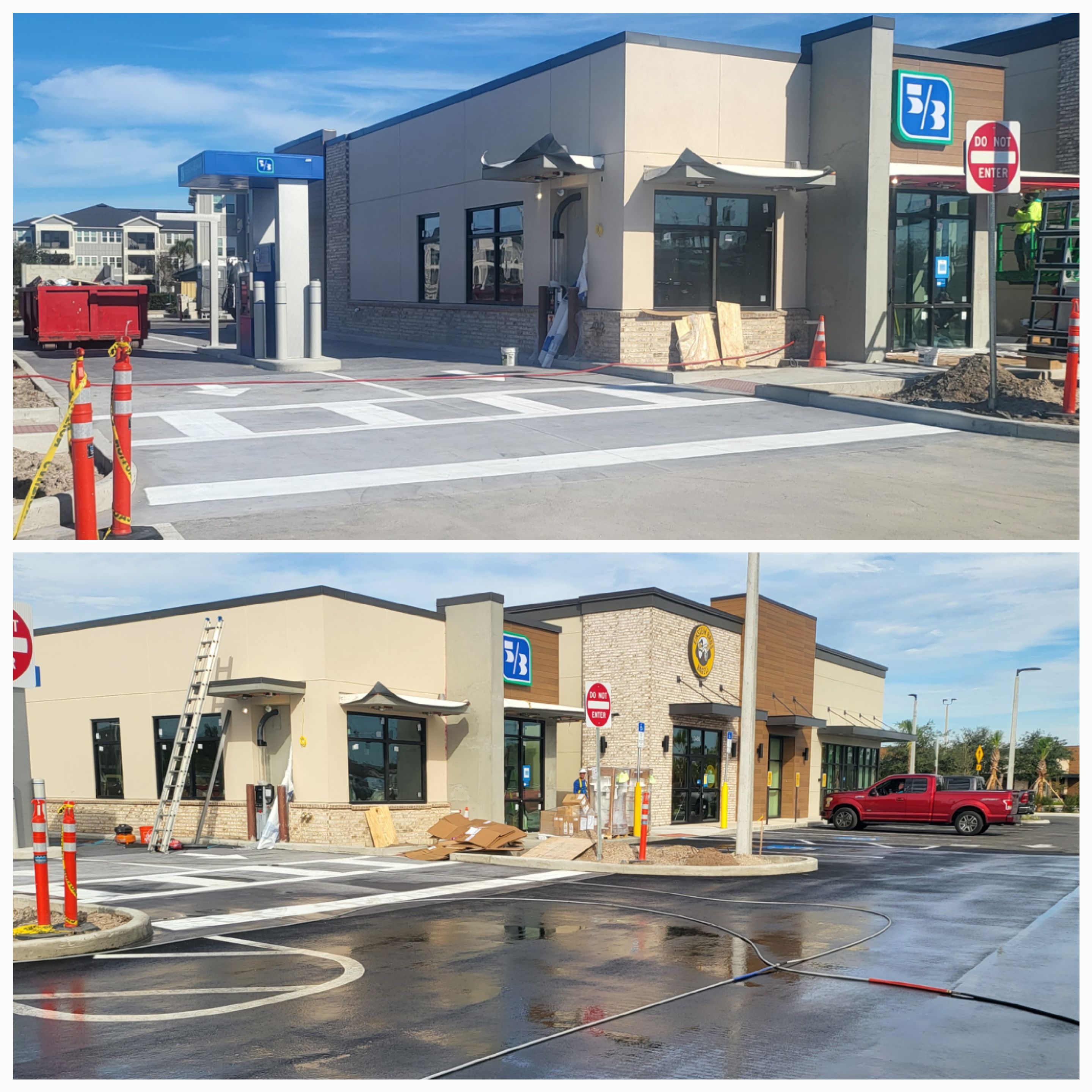 Full exterior post-construction clean-up of a commercial building after professional pressure washing