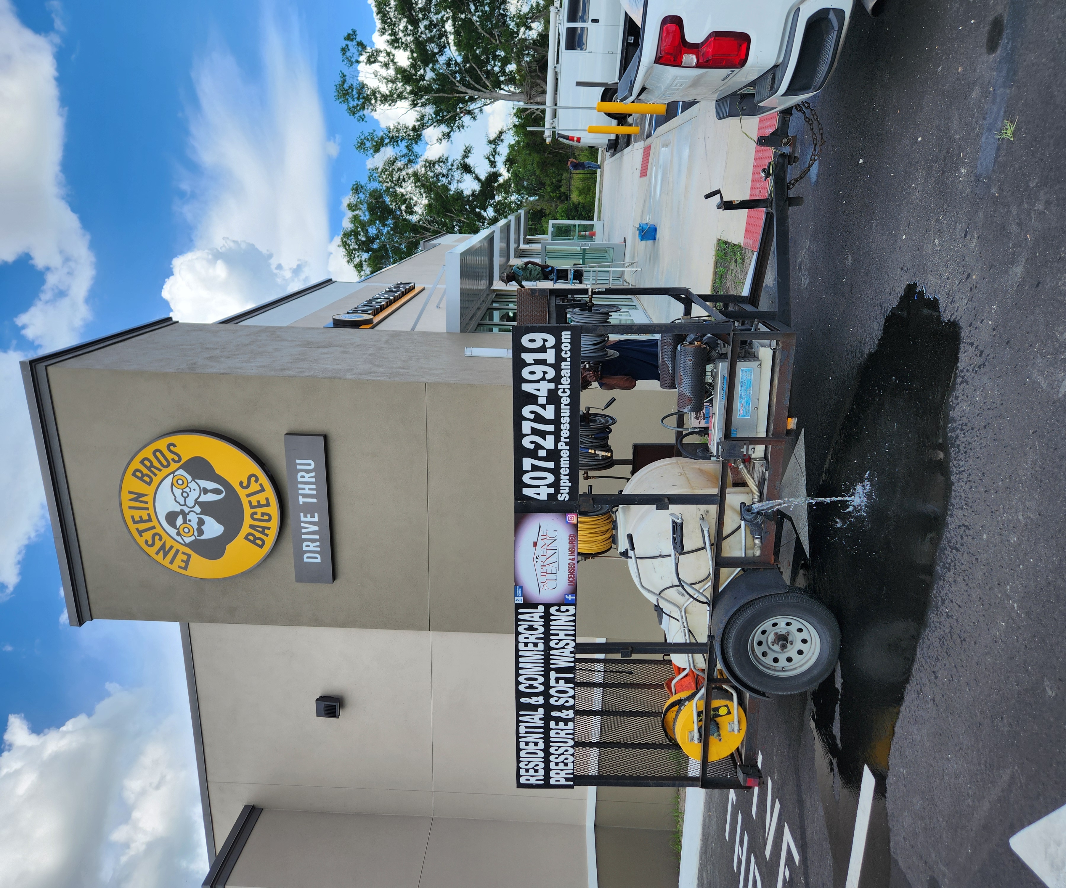 Commercial property exterior cleaned and ready for opening day after post-construction pressure washing