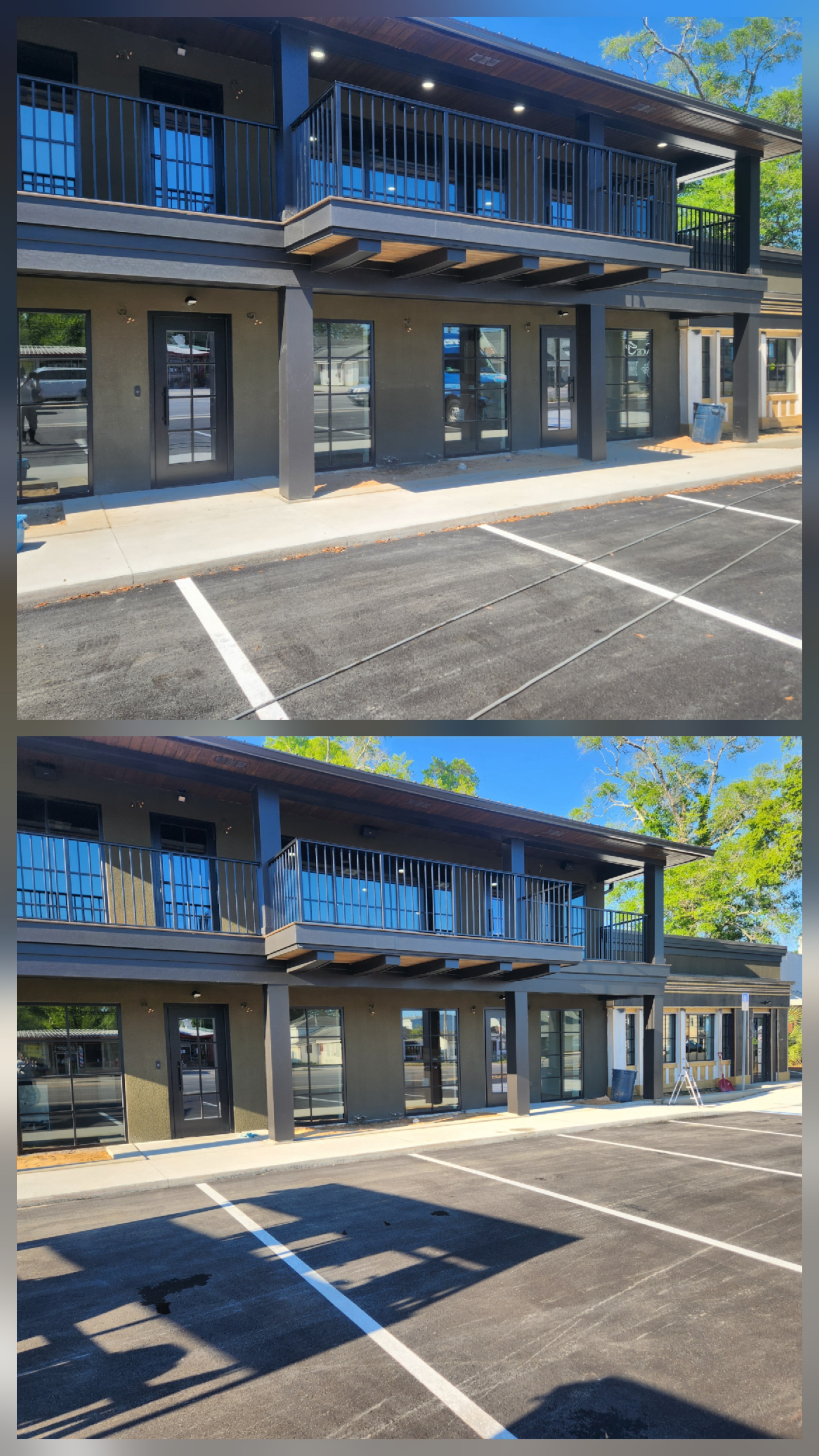 Post-construction pressure washing removing construction residue from commercial surfaces