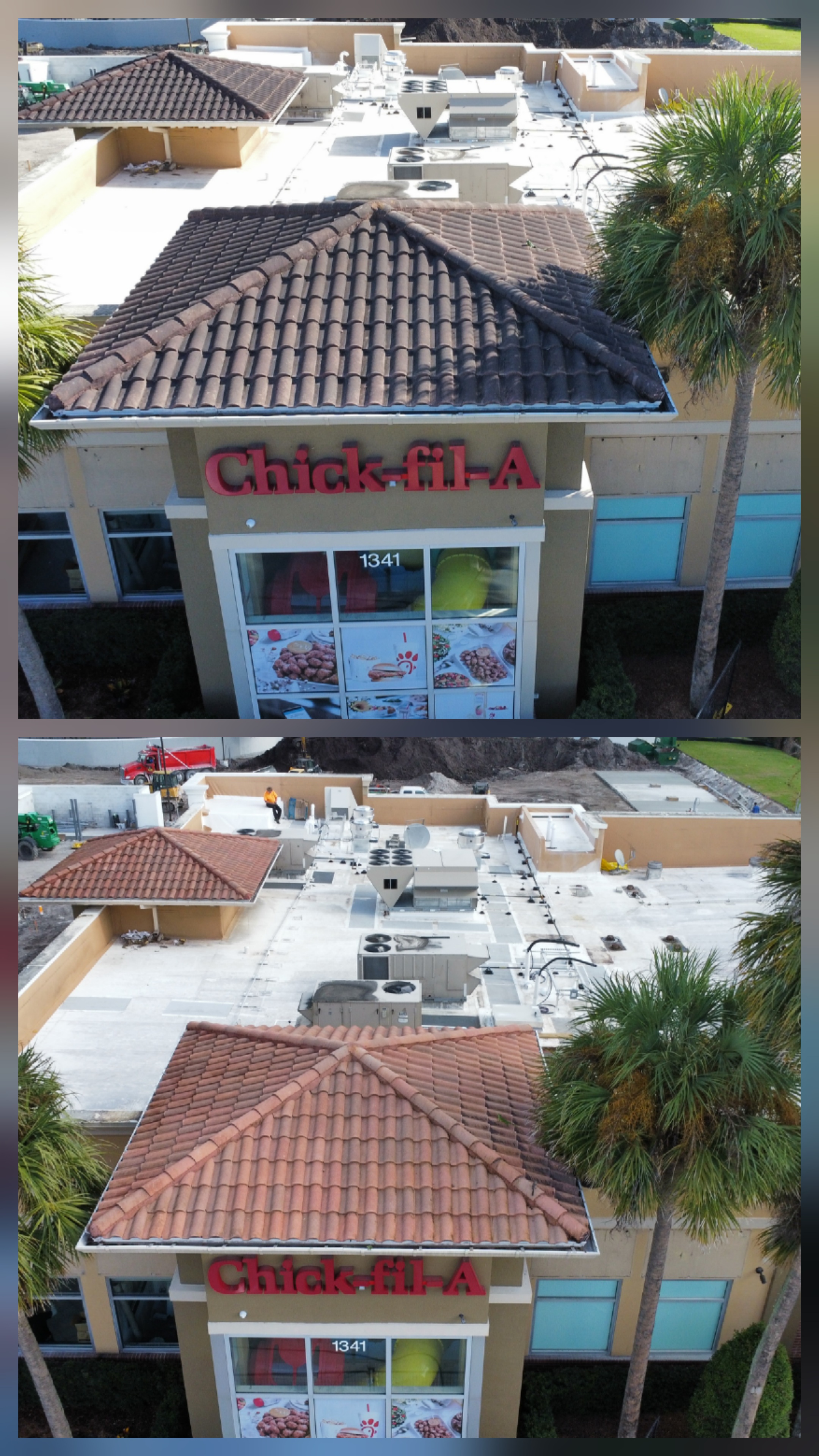 Commercial rooftop and upper exterior surfaces after pressure washing