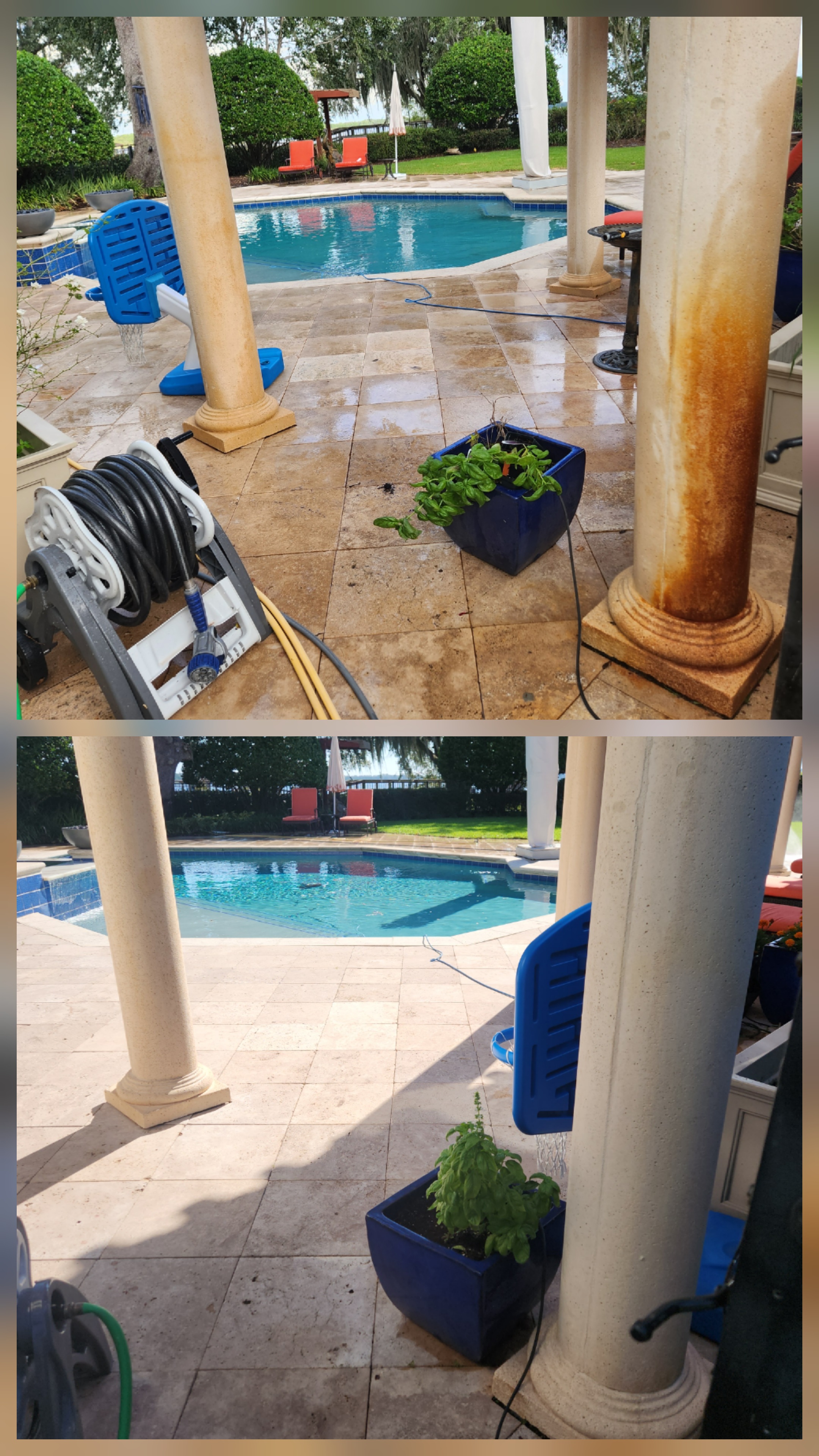 Clean residential pool deck after pressure washing